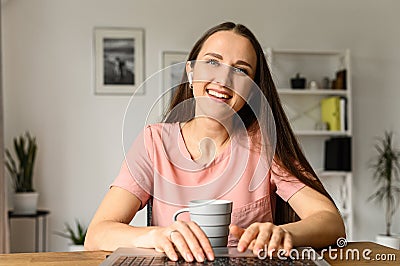 Webcam view of attractive woman in casual wear Stock Photo