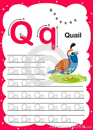 WebColorful letter Q Uppercase and Lowercase alphabet A-Z, Tracing and writing daily printable A4 practice worksheet with cute Vector Illustration