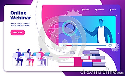 Webinar concept. Online webinars seminar speaker student web consultation webcast e meeting video training course vector Vector Illustration