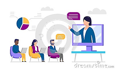 Webinar, Course, Distant Education, Video Lecture, Internet Group Conference, Online Training Concept. Virtual Speaker Vector Illustration