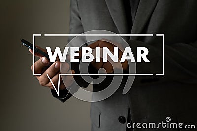 WEBINAR hand on table use E-business Browsing Connection in computer coffee break in classroom to use cloud communication Stock Photo