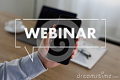 WEBINAR hand on table use E-business Browsing Connection in computer, coffee break in classroom to use cloud communication Stock Photo