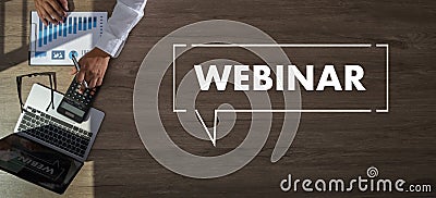 WEBINAR hand on table use E-business Browsing Connection in computer, Man Working From Home Having Online Group communication Stock Photo