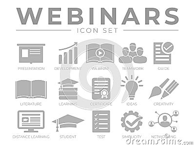 Webinar Icon Set. Presentation, Development, Webinars, Networking, Teamwork, Guide, Literature, Learning, Certificate, Ideas, Vector Illustration