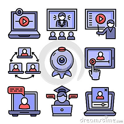 Webinar icons set, outline style Vector Illustration