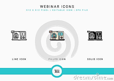 Webinar icons set vector illustration with solid icon line style. Online video conference concept. Vector Illustration