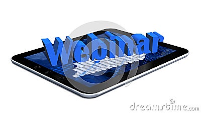 Webinar - lettering in blue shown over a tablet display - isolated on white background Cartoon Illustration