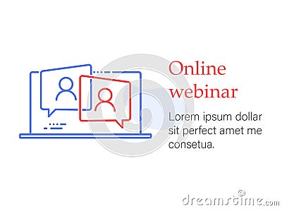 Webinar online course, distant education, video lecture, internet group conference, training test, work from home, easy Vector Illustration