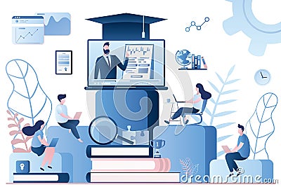 Webinar,online courses or tutorial in network. Employees with laptops learning at professional training Vector Illustration