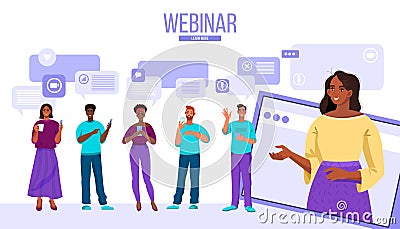 Online digital conference concept. E-learning, group chat or business webinar background Vector Illustration