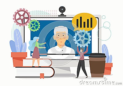 Webinar, virtual tutorial. Students learning online with tutor in digital classroom, vector flat illustration Vector Illustration