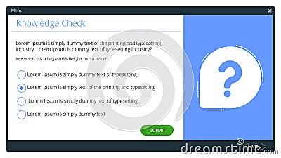 WebQuiz layout, Question mark, Assessment template, Multiple choice questions, Questionnaire, LMS, check your understanding, knowl Vector Illustration