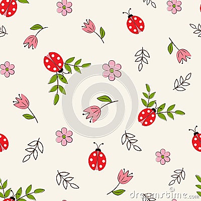 WebSeamless pattern with ladybugs and flowers on a white background in a flat style. Vector Illustration