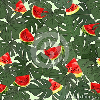 WebSeamless pattern of tropical green leaves and cut juicy watermelon on a green background Vector Illustration