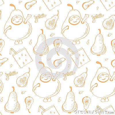 WebSeamless vector pattern with juicy pears in doodle style drawn by hand. Template for printing from paper and fabric. Cartoon Illustration