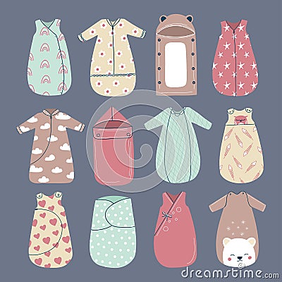 WebSet of twelve cute and cosy baby sleeping bags with different style and design. Safe and comfortable sleep. Vector Illustration