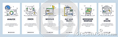 Website analysis, error, bookmark menu. Go online. Mobile app onboarding screens, vector website banner template. Vector Illustration