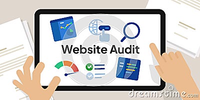 Website audit web page SEO auditing quality review for improvement hand on screen illustration Vector Illustration