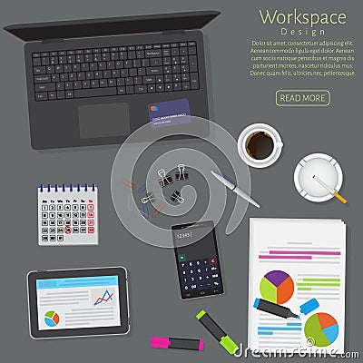 Website banner of a business design concept. Top view office work table with gadgets and documents on a dark background. Vector Illustration