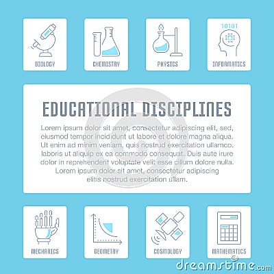 Website Banner and Landing Page of Educational Disciplines. Cartoon Illustration