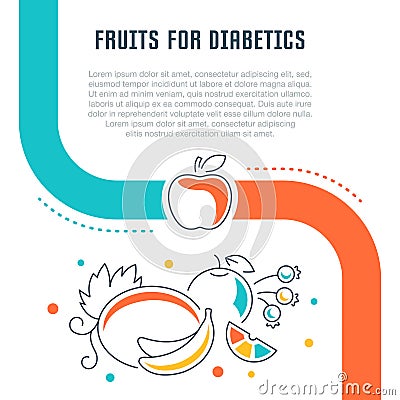 Website Banner and Landing Page of Fruits for Diabetics. Cartoon Illustration