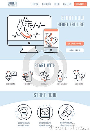 Website Banner and Landing Page of Heart Failure. Cartoon Illustration