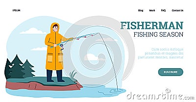 Website banner for fishing season advertisement, cartoon vector illustration. Vector Illustration