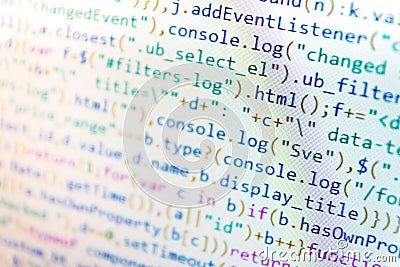 Website codes on computer monitor. Source code close-up. Displaying program code on computer. Stock Photo