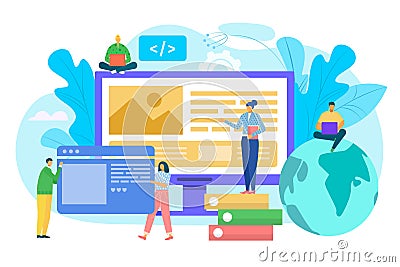 Website construction concept, ui interface prototyping, web development vector illustration. People costructing web site Vector Illustration