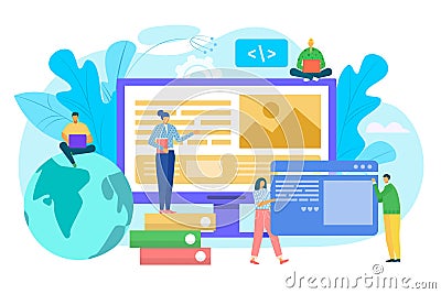 Website construction concept, ui interface prototyping, web development vector illustration. People costructing web site Cartoon Illustration