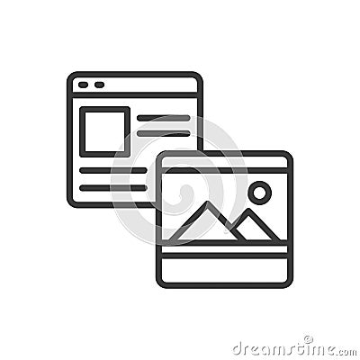 Website Content Filling, in line design. Content, filling, website, text, images, media, uploading on white background Vector Illustration
