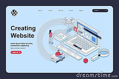 Website creating concept in 3d isometric design for landing page template. Vector Illustration