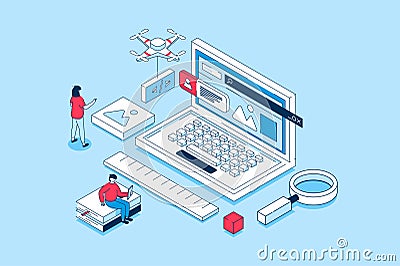 Website creating concept in 3d isometric design. People creating UI UX interface and homepages, work with code, prototyping and Vector Illustration