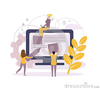 Website creation. A team of specialists creates a website. A man and a woman are working on a website Vector Illustration