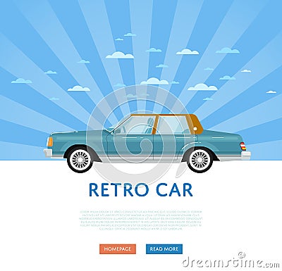 Website design with classic retro sedan Cartoon Illustration