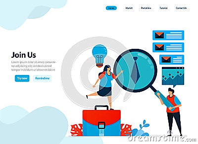Website design of join us, hiring and refer a friend program. recruitment announcements and job openings. Flat illustration for Vector Illustration