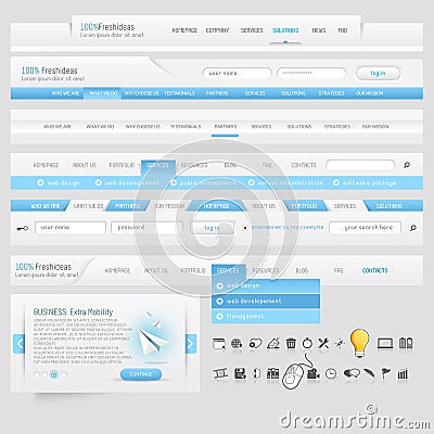 Website design navigation template elements with icons set Vector Illustration