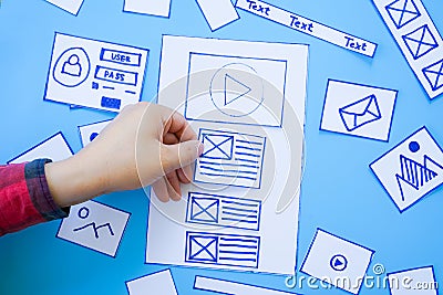 Website designer Creative planning application development draft sketch drawing template layout framework wireframe design studio Stock Photo