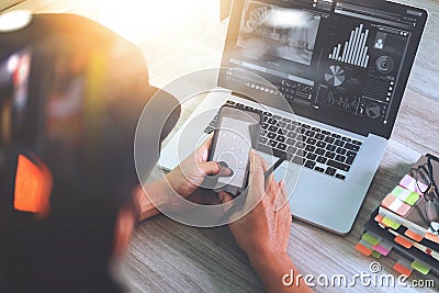 Website designer hand attending video conference with laptop com Stock Photo