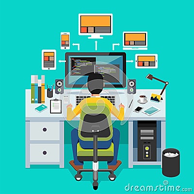 Website designer. Programmer working on desktop Vector Illustration
