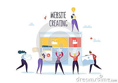 Website Development Concept. Flat People Characters Team Work Creating Web Page. User Interface Mobile Application Vector Illustration