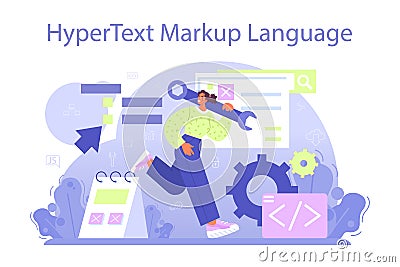 Website development. HTML coding process. Digital specialist creating Vector Illustration
