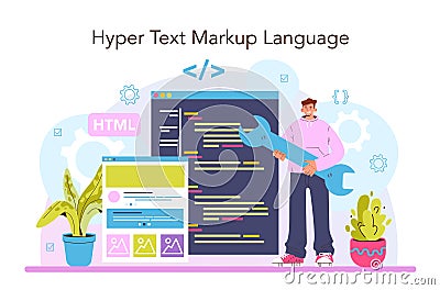 Website development. HTML coding process. Digital specialist Vector Illustration