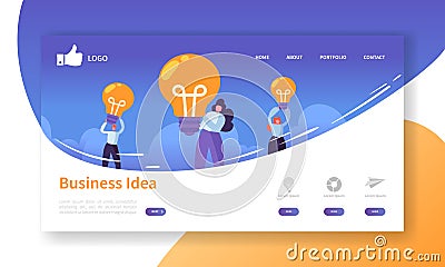 Website Development Landing Page Template. Mobile Application Layout with Flat Business People Holding Light Bulbs Vector Illustration