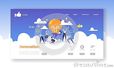 Website Development Landing Page Template. Mobile Application Layout with Flat Business People Holding Light Bulbs Vector Illustration