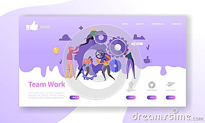 Website Development Landing Page Template. Mobile Application Layout with Flat Business People Running Gears. Team Work Vector Illustration