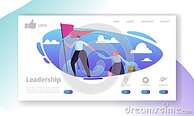 Website Development Landing Page Template. Mobile Application Layout with Flat Businessman Leader on the Top with Flag Vector Illustration