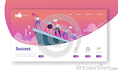 Website Development Landing Page Template. Mobile Application Layout with Flat Businessman Leader on the Top with Flag Vector Illustration