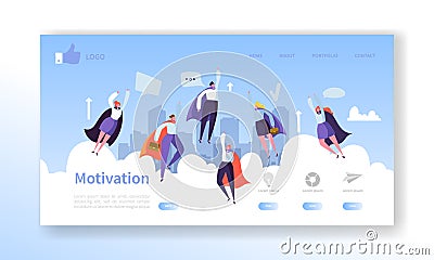 Website Development Landing Page Template. Mobile Application Layout with Flat Flying Business Heroes Man and Woman Vector Illustration