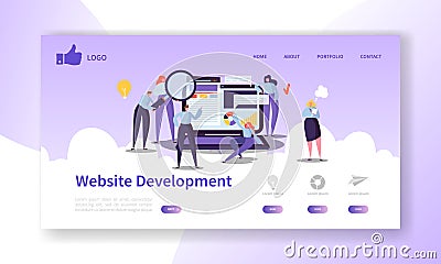 Website Development Landing Page Template. Mobile Application Layout with Flat People Characters and Laptop Easy to Edit Vector Illustration